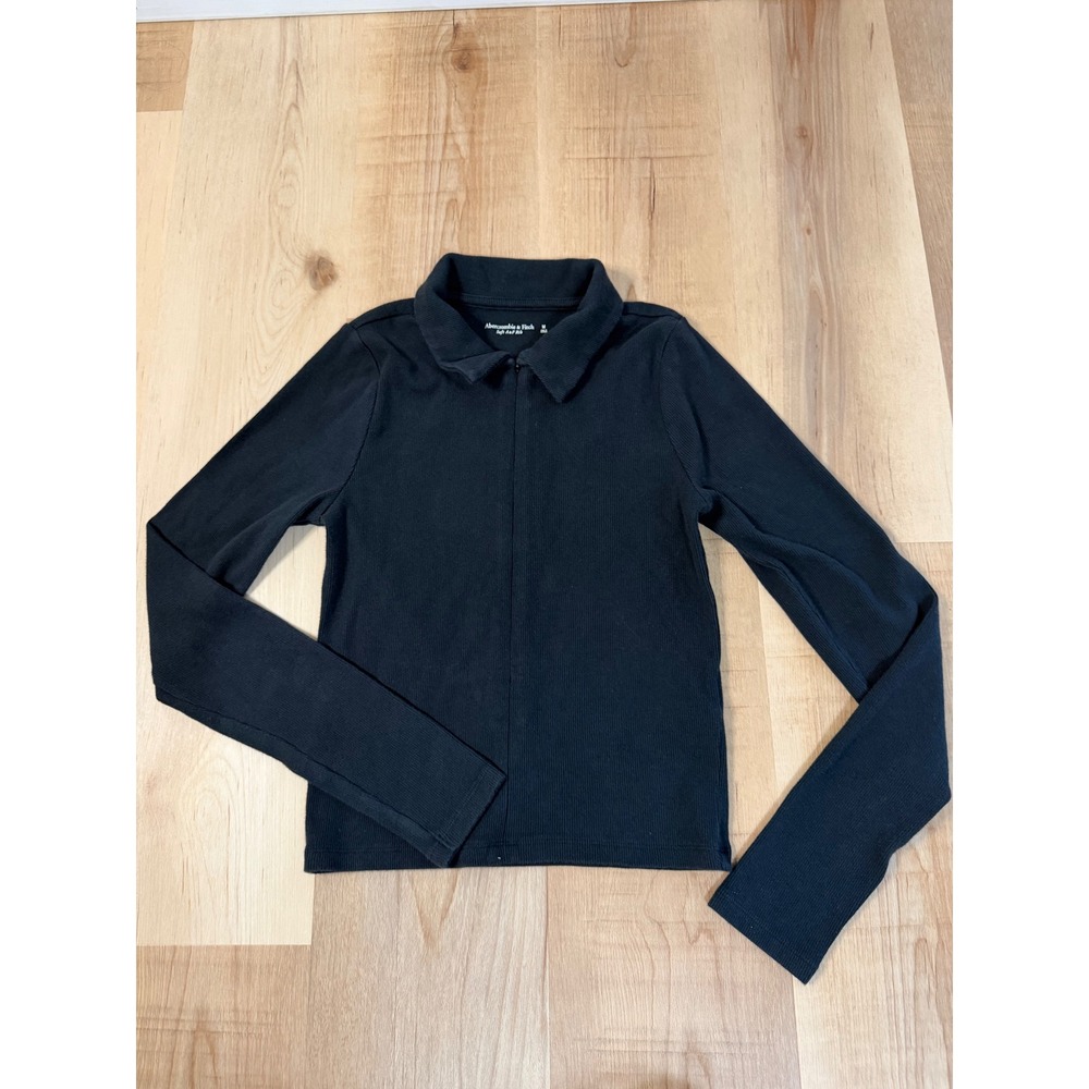Abercrombie & Fitch Soft A&F Rib Full Zip Long Sleeve Top Black Medium